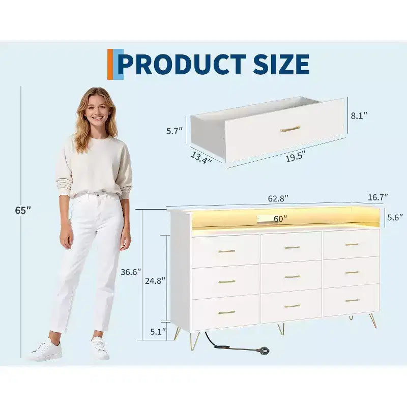 Commode haute moderne à 9 tiroirs de 160 cm avec lumières contrôlées par application et station de charge (3 prises/2 USB), grand meuble de rangement pour chambre, salon