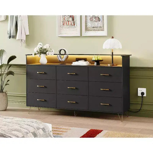 62.8 Modern 9-Drawer Tall Dresser with APP-Controlled Lights & Charging Station (3 Outlets/2 USB), Large Storage Cabinet for Bedroom, Living Room