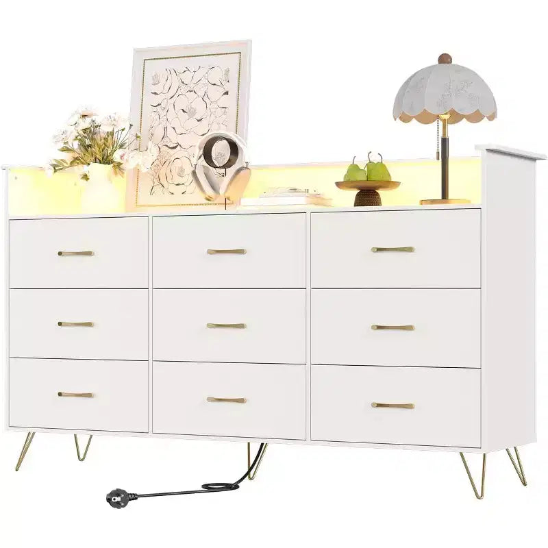 Commode haute moderne à 9 tiroirs de 160 cm avec lumières contrôlées par application et station de charge (3 prises/2 USB), grand meuble de rangement pour chambre, salon