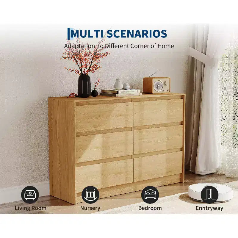Commode de ferme à 6 tiroirs, commode de 120 cm de large avec poignées encastrées, meuble de rangement en chêne naturel pour chambre à coucher (marron rétro)