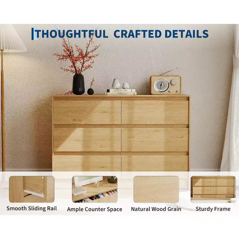 Commode de ferme à 6 tiroirs, commode de 120 cm de large avec poignées encastrées, meuble de rangement en chêne naturel pour chambre à coucher (marron rétro)