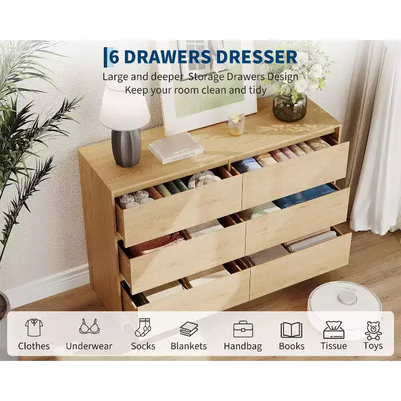 Commode de ferme à 6 tiroirs, commode de 120 cm de large avec poignées encastrées, meuble de rangement en chêne naturel pour chambre à coucher (marron rétro)
