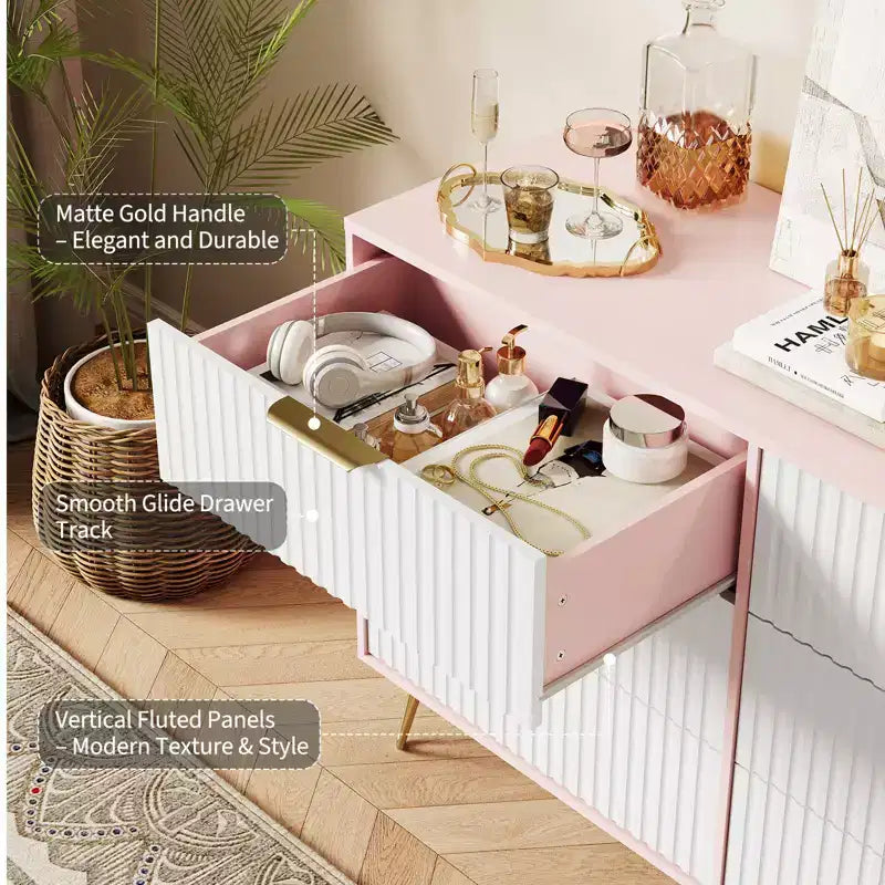 Commode 6 tiroirs à cannelures modernes - 120 cm de large, en bois, avec poignées métalliques - Armoire de rangement spacieuse et organisateur de placard - Meuble TV pour salon