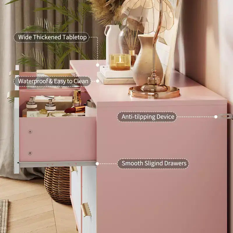 Commode 6 tiroirs à cannelures modernes - 120 cm de large, en bois, avec poignées métalliques - Armoire de rangement spacieuse et organisateur de placard - Meuble TV pour salon