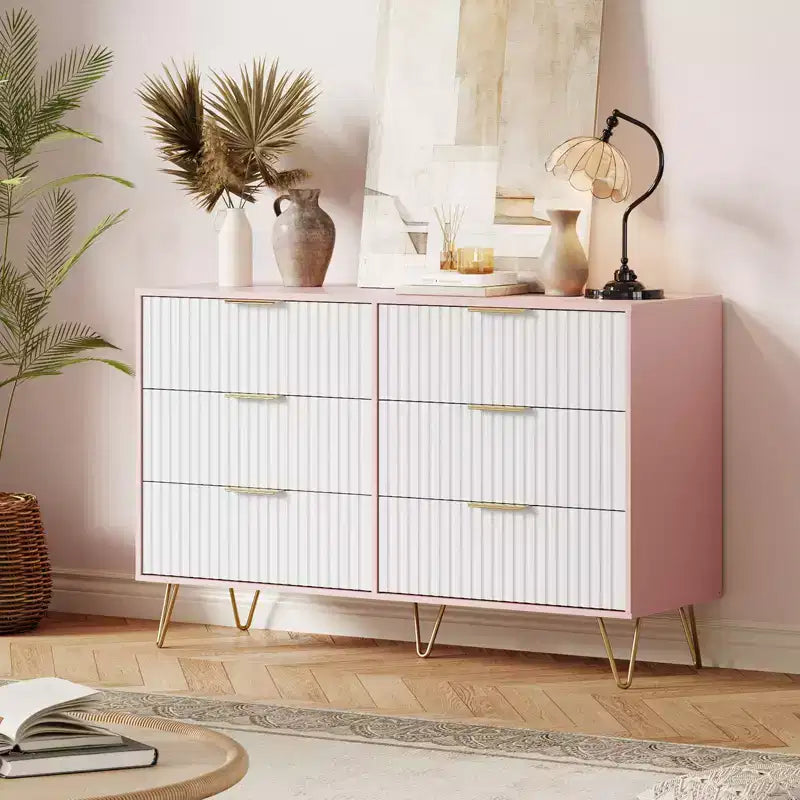 Commode 6 tiroirs à cannelures modernes - 120 cm de large, en bois, avec poignées métalliques - Armoire de rangement spacieuse et organisateur de placard - Meuble TV pour salon