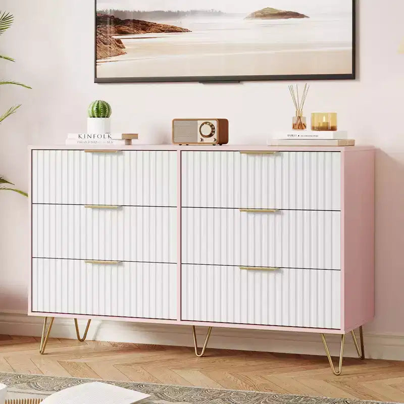 Commode 6 tiroirs à cannelures modernes - 120 cm de large, en bois, avec poignées métalliques - Armoire de rangement spacieuse et organisateur de placard - Meuble TV pour salon