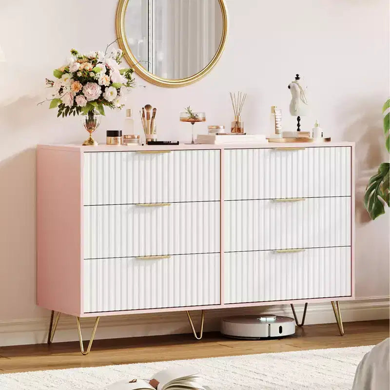 Commode 6 tiroirs à cannelures modernes - 120 cm de large, en bois, avec poignées métalliques - Armoire de rangement spacieuse et organisateur de placard - Meuble TV pour salon