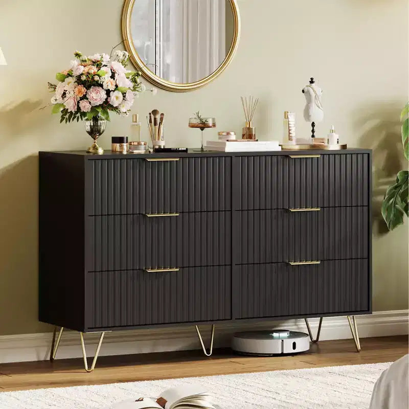Commode 6 tiroirs à cannelures modernes - 120 cm de large, en bois, avec poignées métalliques - Armoire de rangement spacieuse et organisateur de placard - Meuble TV pour salon