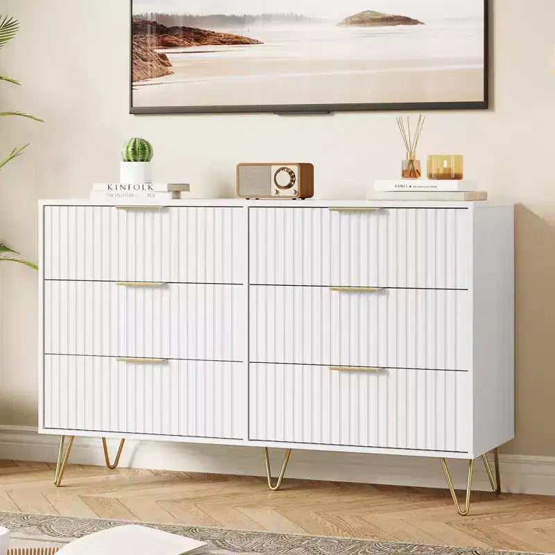 Commode 6 tiroirs à cannelures modernes - 120 cm de large, en bois, avec poignées métalliques - Armoire de rangement spacieuse et organisateur de placard - Meuble TV pour salon