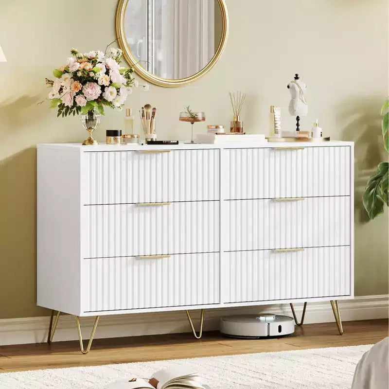 Commode 6 tiroirs à cannelures modernes - 120 cm de large, en bois, avec poignées métalliques - Armoire de rangement spacieuse et organisateur de placard - Meuble TV pour salon