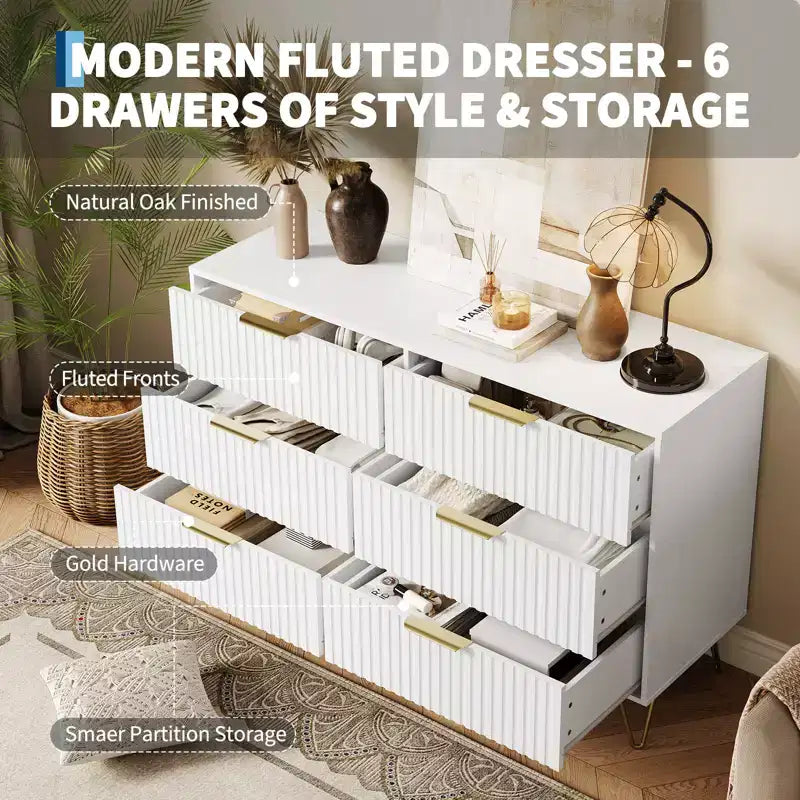 Commode 6 tiroirs à cannelures modernes - 120 cm de large, en bois, avec poignées métalliques - Armoire de rangement spacieuse et organisateur de placard - Meuble TV pour salon