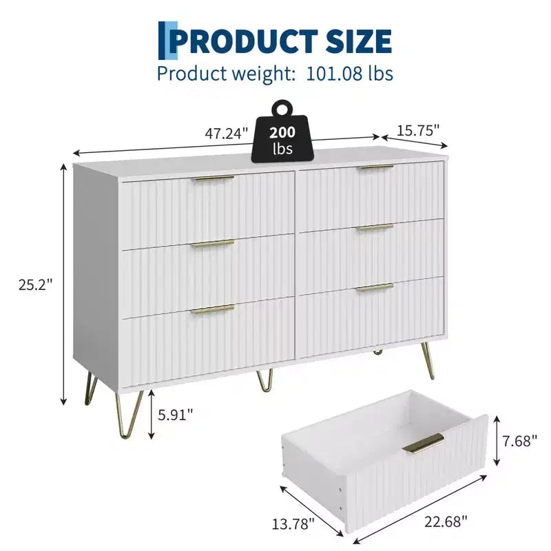 Commode 6 tiroirs à cannelures modernes - 120 cm de large, en bois, avec poignées métalliques - Armoire de rangement spacieuse et organisateur de placard - Meuble TV pour salon