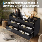 Commode 6 tiroirs à cannelures modernes - 120 cm de large, en bois, avec poignées métalliques - Armoire de rangement spacieuse et organisateur de placard - Meuble TV pour salon