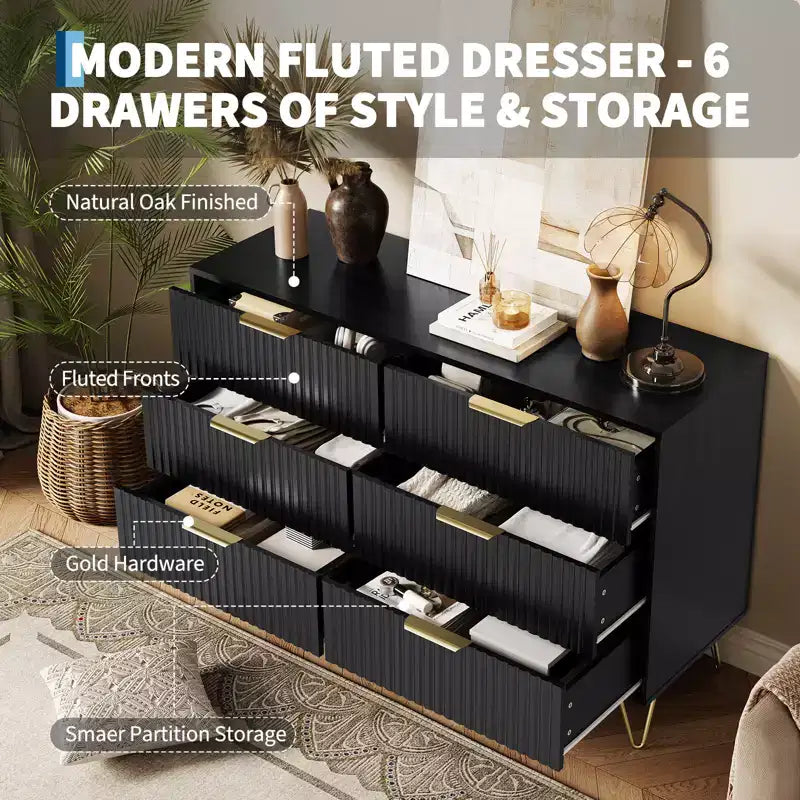 Commode 6 tiroirs à cannelures modernes - 120 cm de large, en bois, avec poignées métalliques - Armoire de rangement spacieuse et organisateur de placard - Meuble TV pour salon