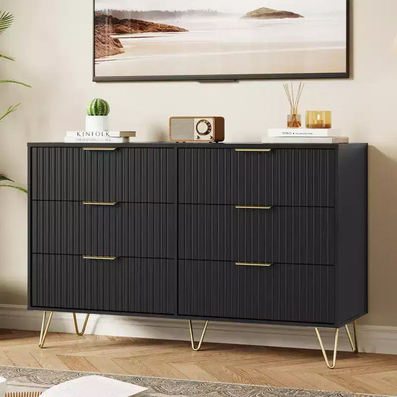 Commode 6 tiroirs à cannelures modernes - 120 cm de large, en bois, avec poignées métalliques - Armoire de rangement spacieuse et organisateur de placard - Meuble TV pour salon