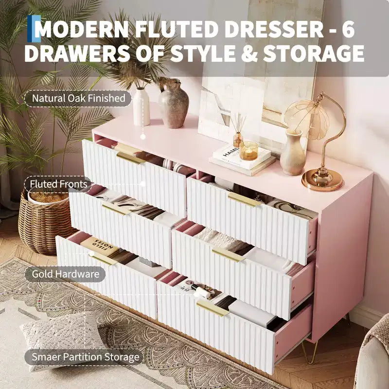 Commode 6 tiroirs à cannelures modernes - 120 cm de large, en bois, avec poignées métalliques - Armoire de rangement spacieuse et organisateur de placard - Meuble TV pour salon