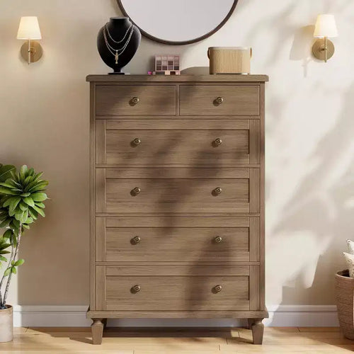 Commode haute 47 po à 6 tiroirs – Meuble vintage en bois avec poignées sculptées et pieds fuselés – Grand rangement pour chambre, salon, entrée – Meuble moderne
