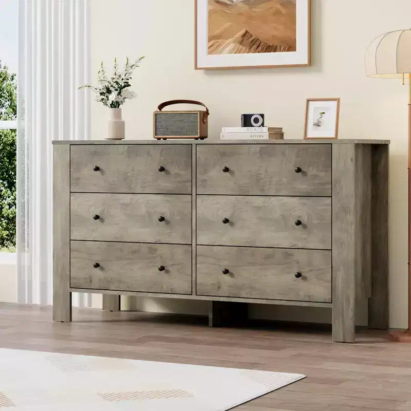 Commode de chambre large à 6 tiroirs, en bois moderne avec tiroirs de rangement profonds, poignées en métal - Idéale pour chambre d'enfant, entrée, couloir