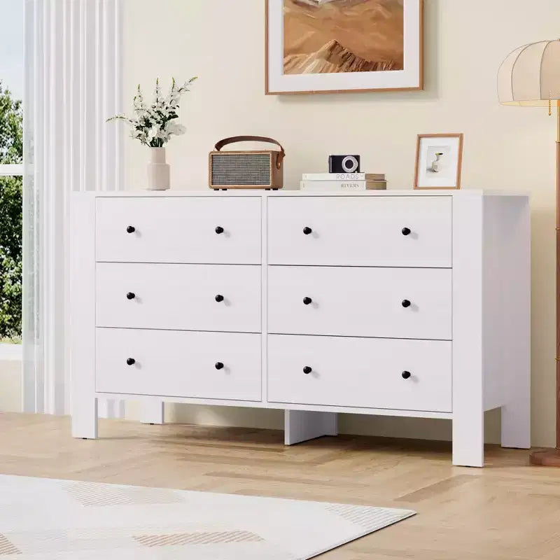 Commode de chambre large à 6 tiroirs, en bois moderne avec tiroirs de rangement profonds, poignées en métal - Idéale pour chambre d'enfant, entrée, couloir