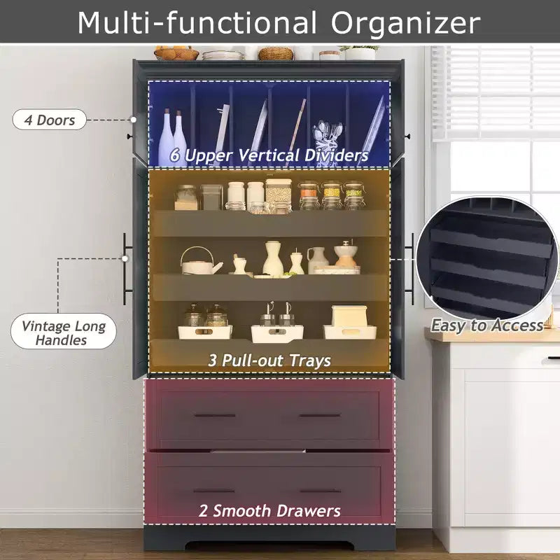 GDFStudio Ares, grand garde-manger de cuisine autoportant à 4 portes de 184,4 cm avec plateaux coulissants et grands tiroirs