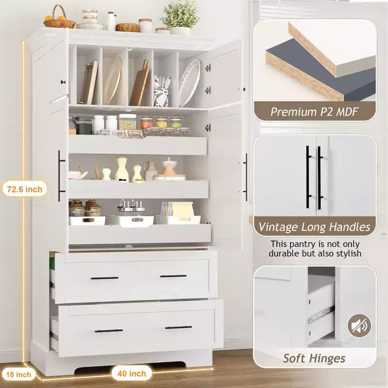 GDFStudio Ares, grand garde-manger de cuisine autoportant à 4 portes de 184,4 cm avec plateaux coulissants et grands tiroirs