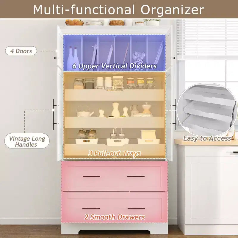 GDFStudio Ares, grand garde-manger de cuisine autoportant à 4 portes de 184,4 cm avec plateaux coulissants et grands tiroirs