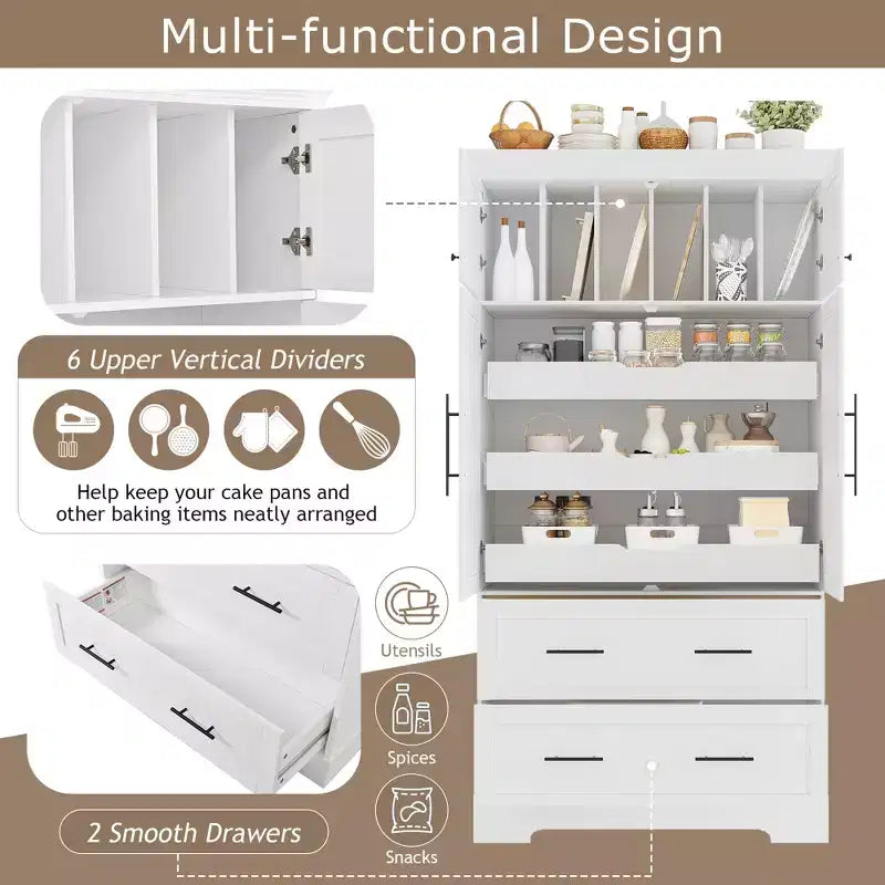 GDFStudio Ares, grand garde-manger de cuisine autoportant à 4 portes de 184,4 cm avec plateaux coulissants et grands tiroirs