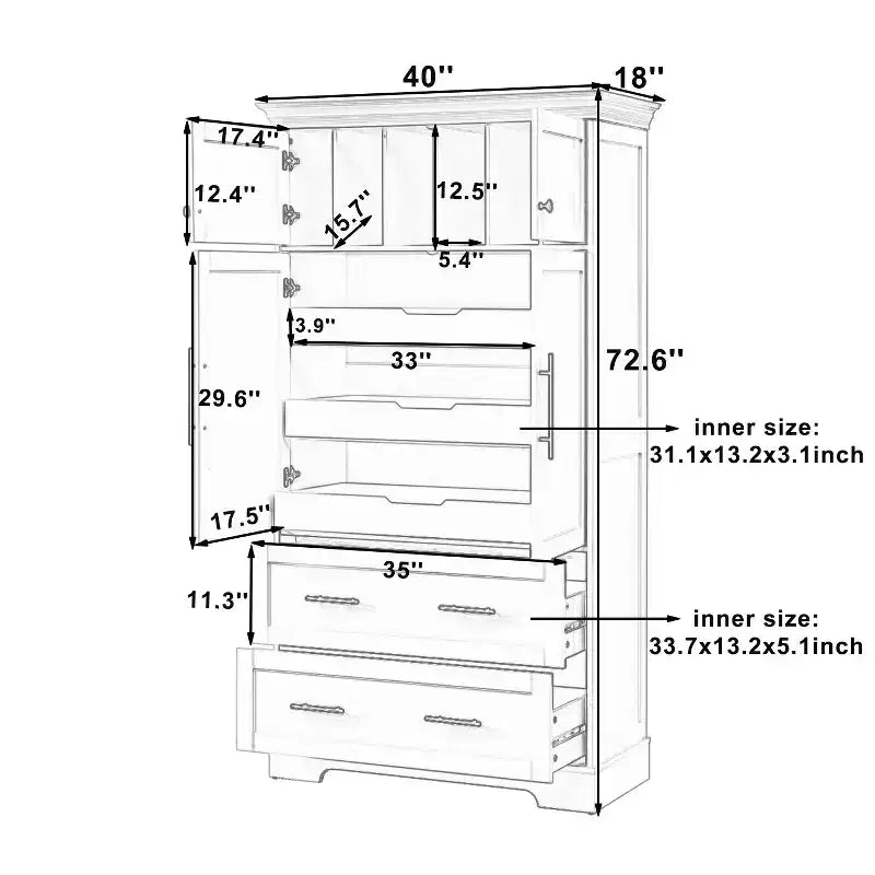 GDFStudio Ares, grand garde-manger de cuisine autoportant à 4 portes de 184,4 cm avec plateaux coulissants et grands tiroirs