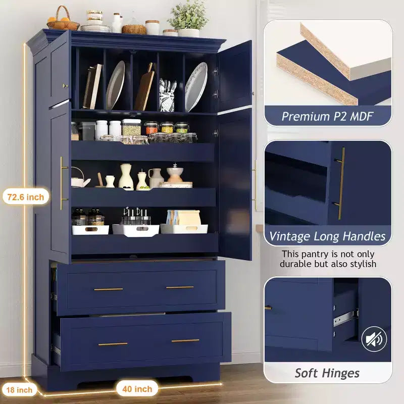 GDFStudio Ares, grand garde-manger de cuisine autoportant à 4 portes de 184,4 cm avec plateaux coulissants et grands tiroirs