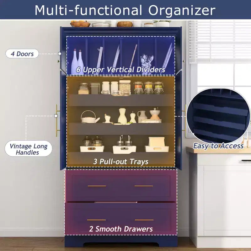 GDFStudio Ares, grand garde-manger de cuisine autoportant à 4 portes de 184,4 cm avec plateaux coulissants et grands tiroirs