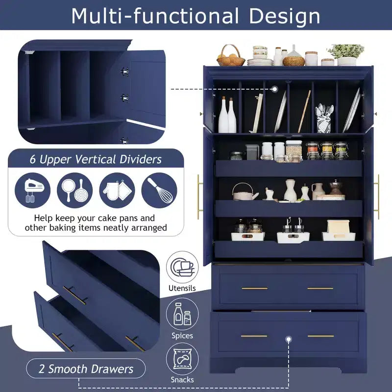 GDFStudio Ares, grand garde-manger de cuisine autoportant à 4 portes de 184,4 cm avec plateaux coulissants et grands tiroirs