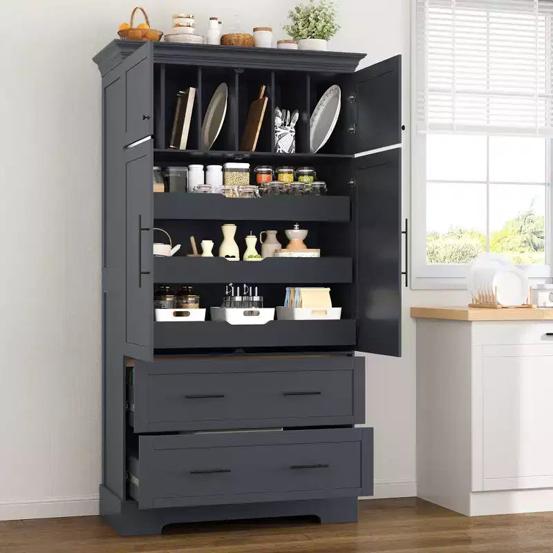 GDFStudio Ares, grand garde-manger de cuisine autoportant à 4 portes de 184,4 cm avec plateaux coulissants et grands tiroirs