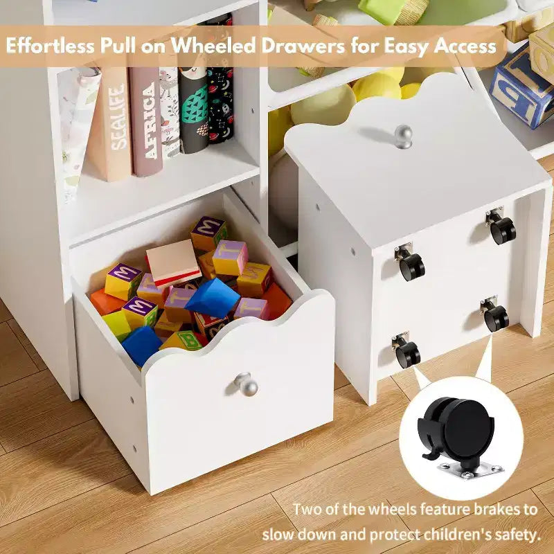 GOTGELIF Étagère à Livres 4-en-1 pour Enfants avec Bacs de Rangement et Tiroirs à Roulettes - Organisateur de Jouets Montessori pour Salle de Jeux et Chambre
