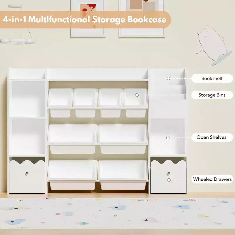GOTGELIF Étagère à Livres 4-en-1 pour Enfants avec Bacs de Rangement et Tiroirs à Roulettes - Organisateur de Jouets Montessori pour Salle de Jeux et Chambre