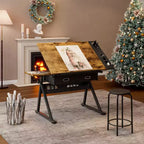 Table à dessin réglable en hauteur avec tabouret, table inclinable 0-75° avec 2 tiroirs de rangement, poste de travail d'artiste pour la peinture, l'artisanat, l'écriture et le croquis