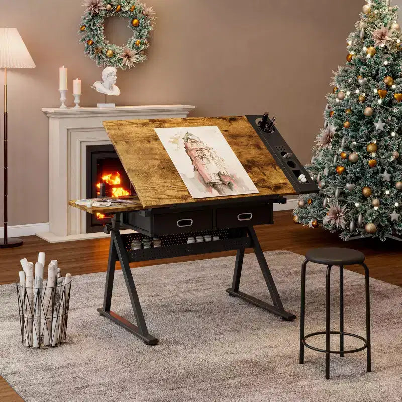 Table à dessin réglable en hauteur avec tabouret, table inclinable 0-75° avec 2 tiroirs de rangement, poste de travail d'artiste pour la peinture, l'artisanat, l'écriture et le croquis