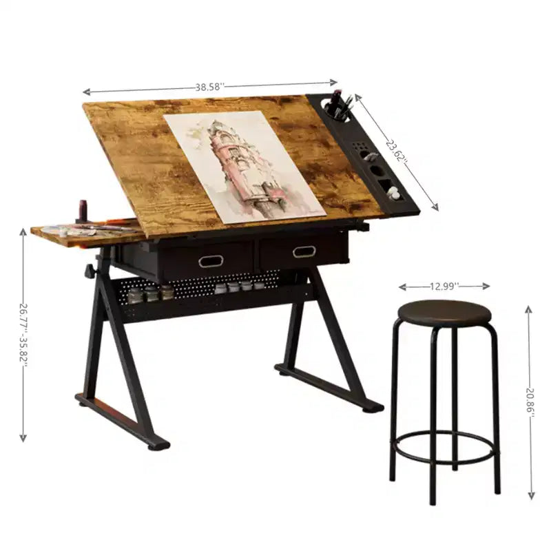 Table à dessin réglable en hauteur avec tabouret, table inclinable 0-75° avec 2 tiroirs de rangement, poste de travail d'artiste pour la peinture, l'artisanat, l'écriture et le croquis
