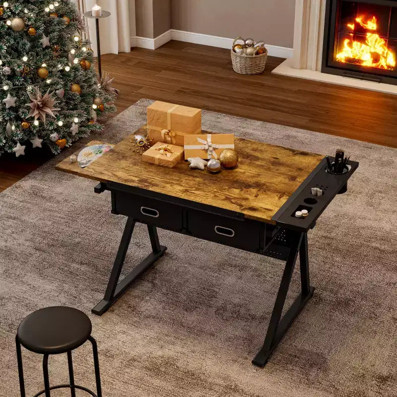 Table à dessin réglable en hauteur avec tabouret, table inclinable 0-75° avec 2 tiroirs de rangement, poste de travail d'artiste pour la peinture, l'artisanat, l'écriture et le croquis