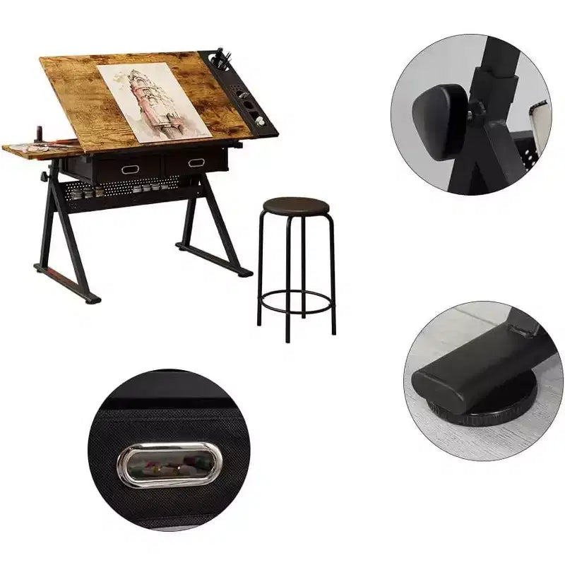 Table à dessin réglable en hauteur avec tabouret, table inclinable 0-75° avec 2 tiroirs de rangement, poste de travail d'artiste pour la peinture, l'artisanat, l'écriture et le croquis
