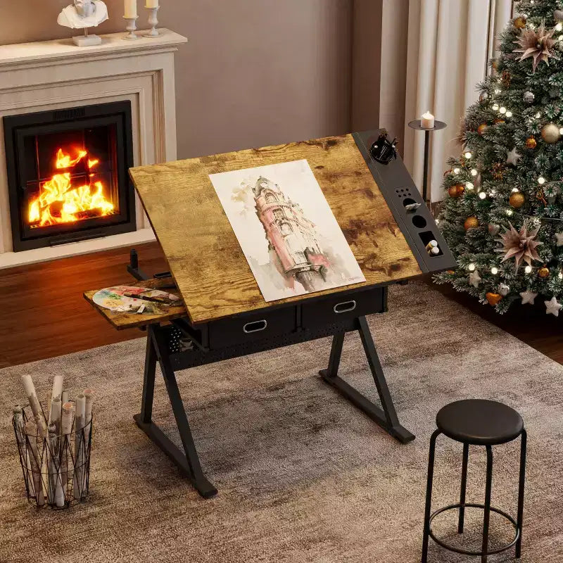 Table à dessin réglable en hauteur avec tabouret, table inclinable 0-75° avec 2 tiroirs de rangement, poste de travail d'artiste pour la peinture, l'artisanat, l'écriture et le croquis