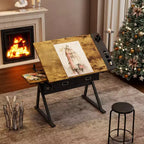 Table à dessin réglable en hauteur avec tabouret, table inclinable 0-75° avec 2 tiroirs de rangement, poste de travail d'artiste pour la peinture, l'artisanat, l'écriture et le croquis