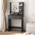 Petite coiffeuse avec miroir LED et prise de courant, 60 cm, noire, avec 2 tiroirs et 3 étagères de rangement, coiffeuse moderne pour chambre de fille