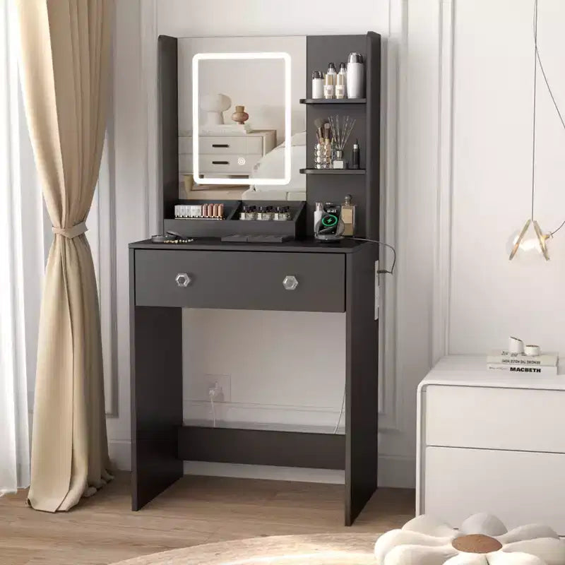 Petite coiffeuse avec miroir LED et prise de courant, 60 cm, noire, avec 2 tiroirs et 3 étagères de rangement, coiffeuse moderne pour chambre de fille