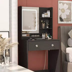 Petite coiffeuse avec miroir LED et prise de courant, 60 cm, noire, avec 2 tiroirs et 3 étagères de rangement, coiffeuse moderne pour chambre de fille
