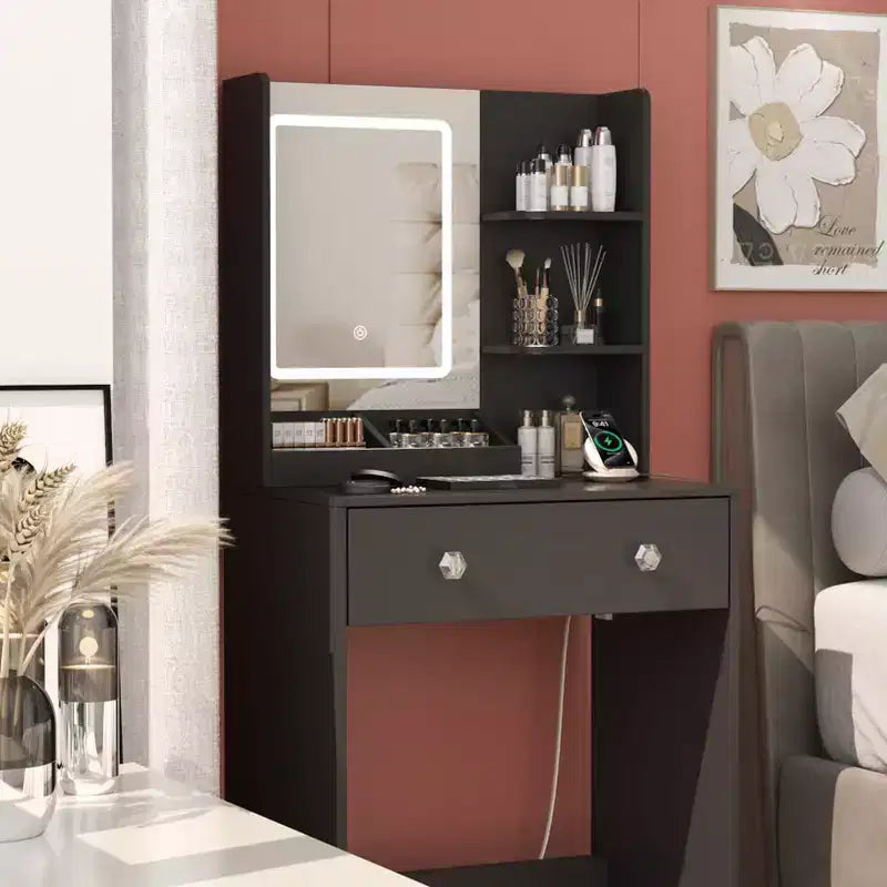 Petite coiffeuse avec miroir LED et prise de courant, 60 cm, noire, avec 2 tiroirs et 3 étagères de rangement, coiffeuse moderne pour chambre de fille