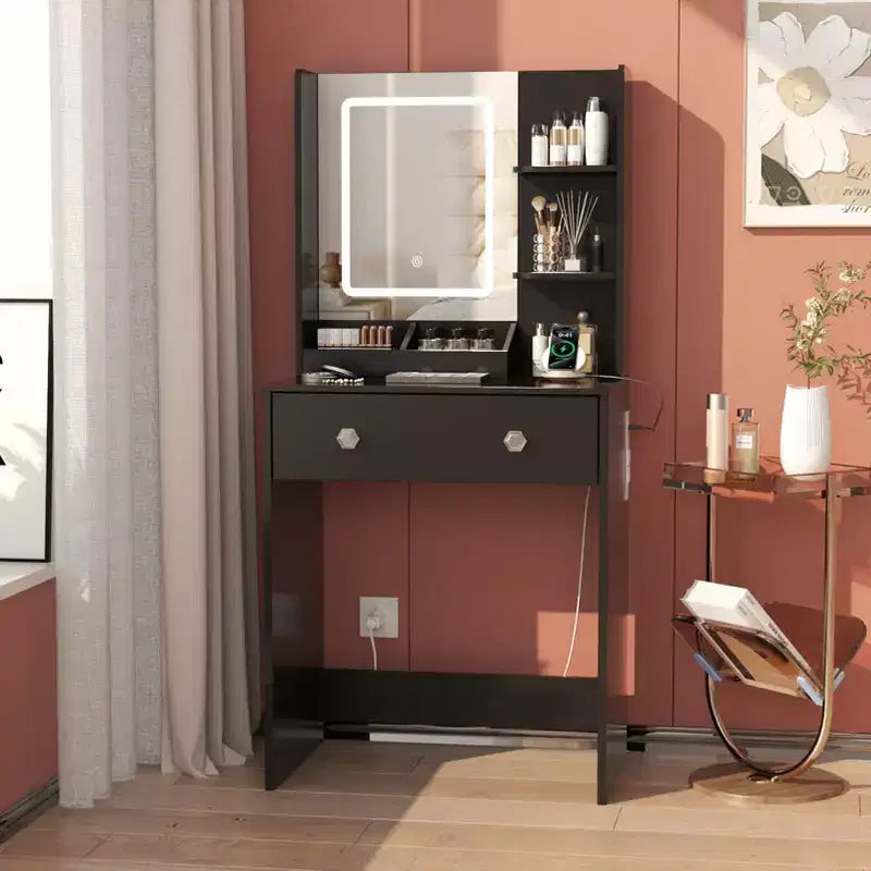 Petite coiffeuse avec miroir LED et prise de courant, 60 cm, noire, avec 2 tiroirs et 3 étagères de rangement, coiffeuse moderne pour chambre de fille