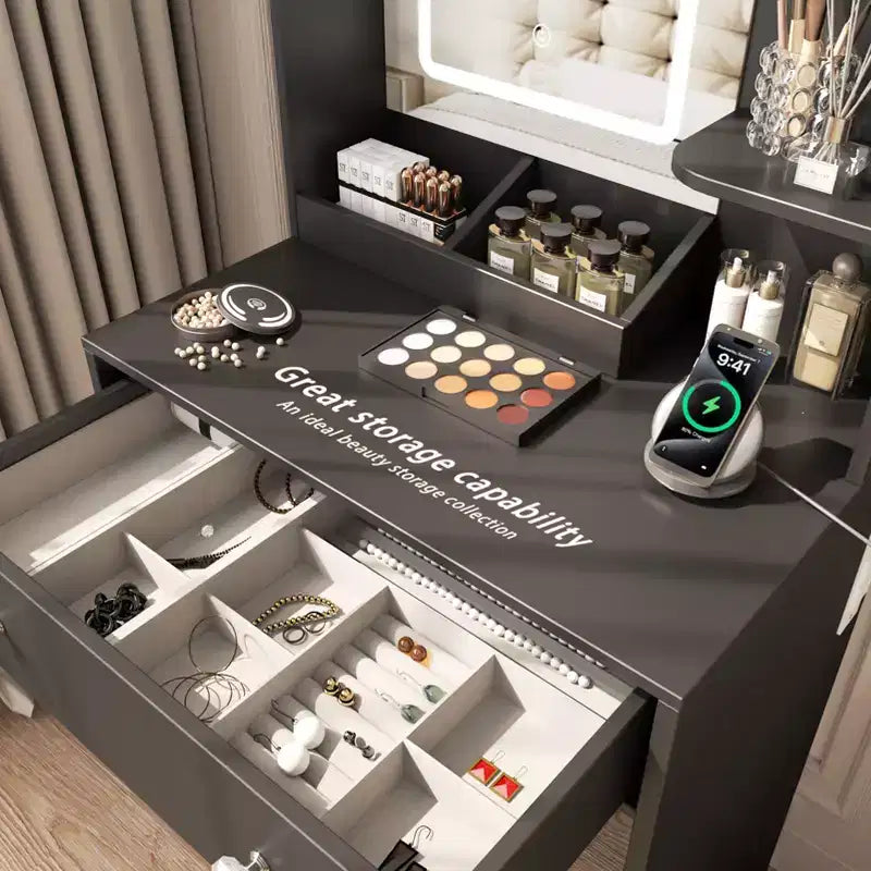 Petite coiffeuse avec miroir LED et prise de courant, 60 cm, noire, avec 2 tiroirs et 3 étagères de rangement, coiffeuse moderne pour chambre de fille