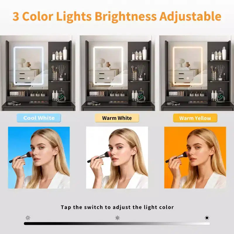 Petite coiffeuse avec miroir LED et prise de courant, 60 cm, noire, avec 2 tiroirs et 3 étagères de rangement, coiffeuse moderne pour chambre de fille