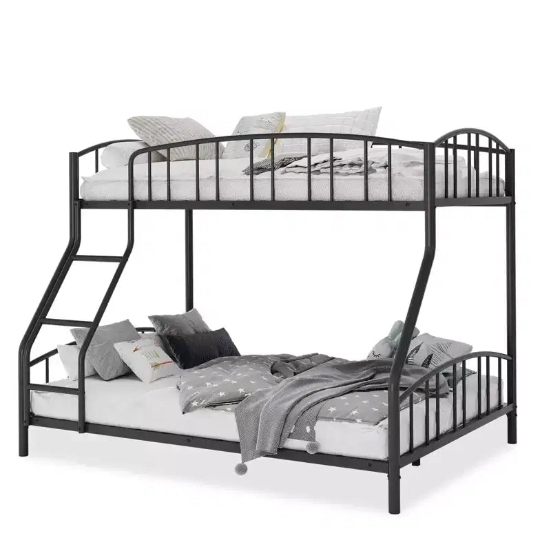 Space-Saving Twin Over Full Bunk Bed, Arched Guardrail, No Box Spring Needed, Ladder, Sturdy Slats Support