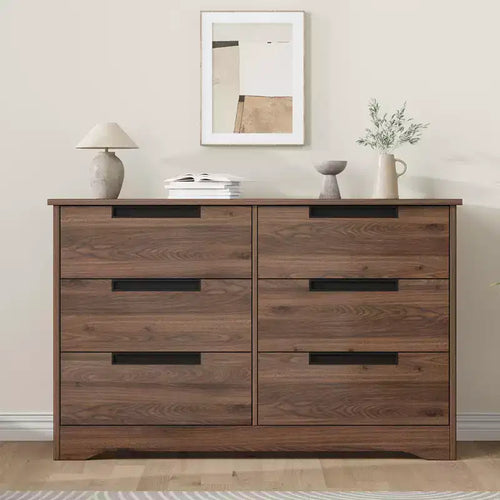 6 Drawer Dresser for Bedroom, Walnut 6 Chest of Drawers with Embedded Handles Design, Wooden Dresser Closet Organizer for Living Room Entryway Nursery